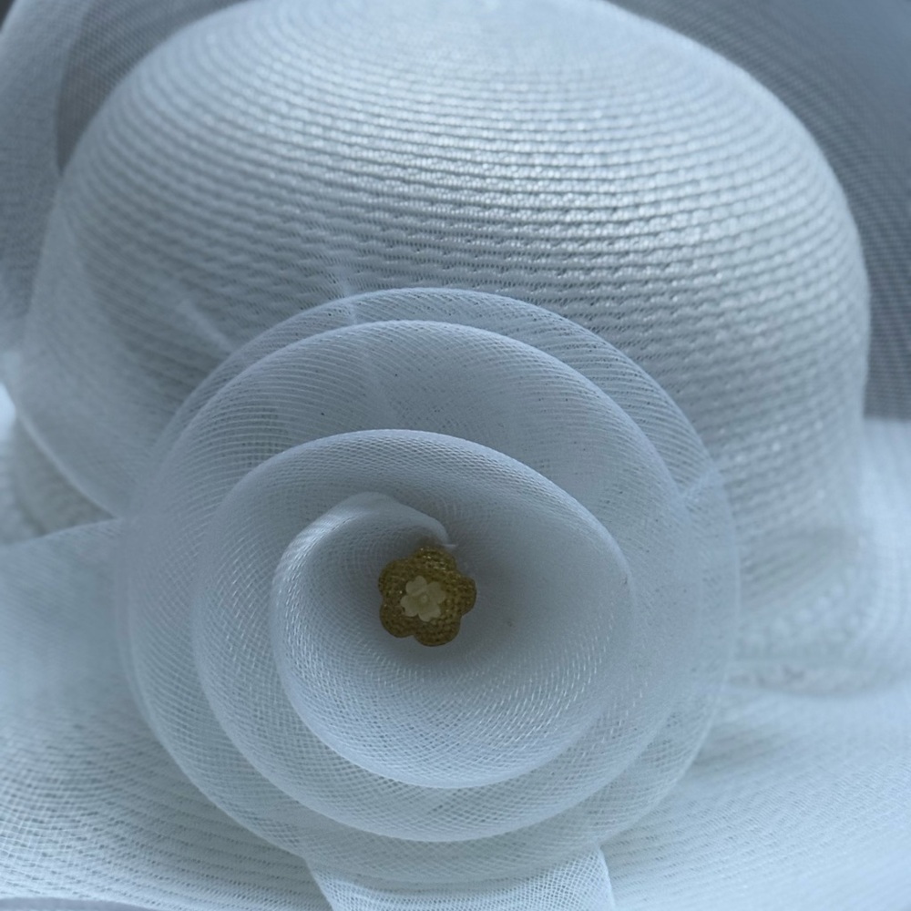 White Wide Brim Church Dress Hat Organza Flower Rhinestone Kentucky Derby Hat